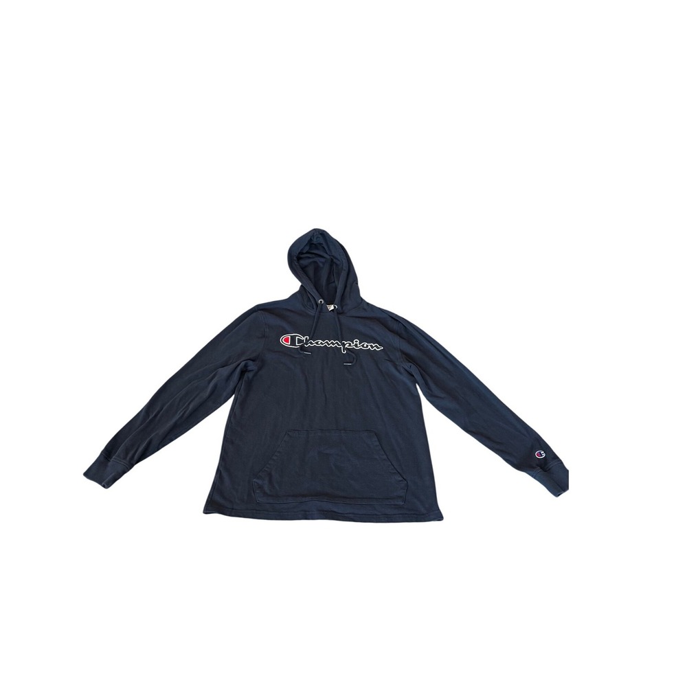 Champion Mens Navy Blue Long Sleeve Script Logo Hooded T-Shirt Size Medium